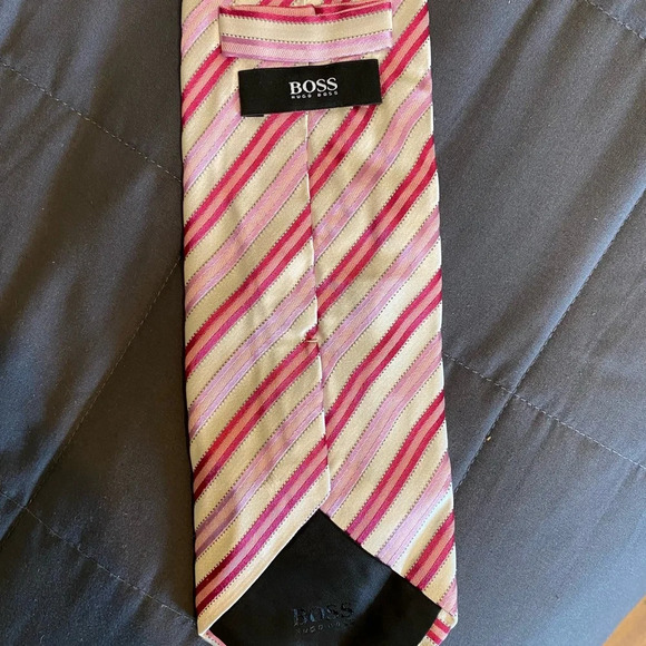 Hugo Boss Red Pink and White Striped Tie - Picture 4 of 5